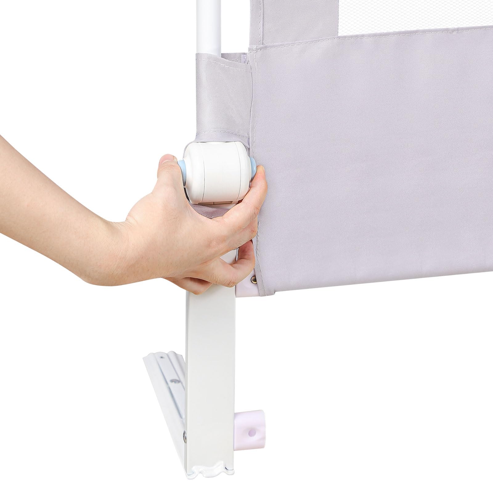 HUOLE barierka do łóżka dla dzieci z paskami, składana bariera bezpieczeństwa z tkaniny z siatki, regulowany kąt 0°do 180°& metalowa rama-150 x 70 x 26 cm-szara