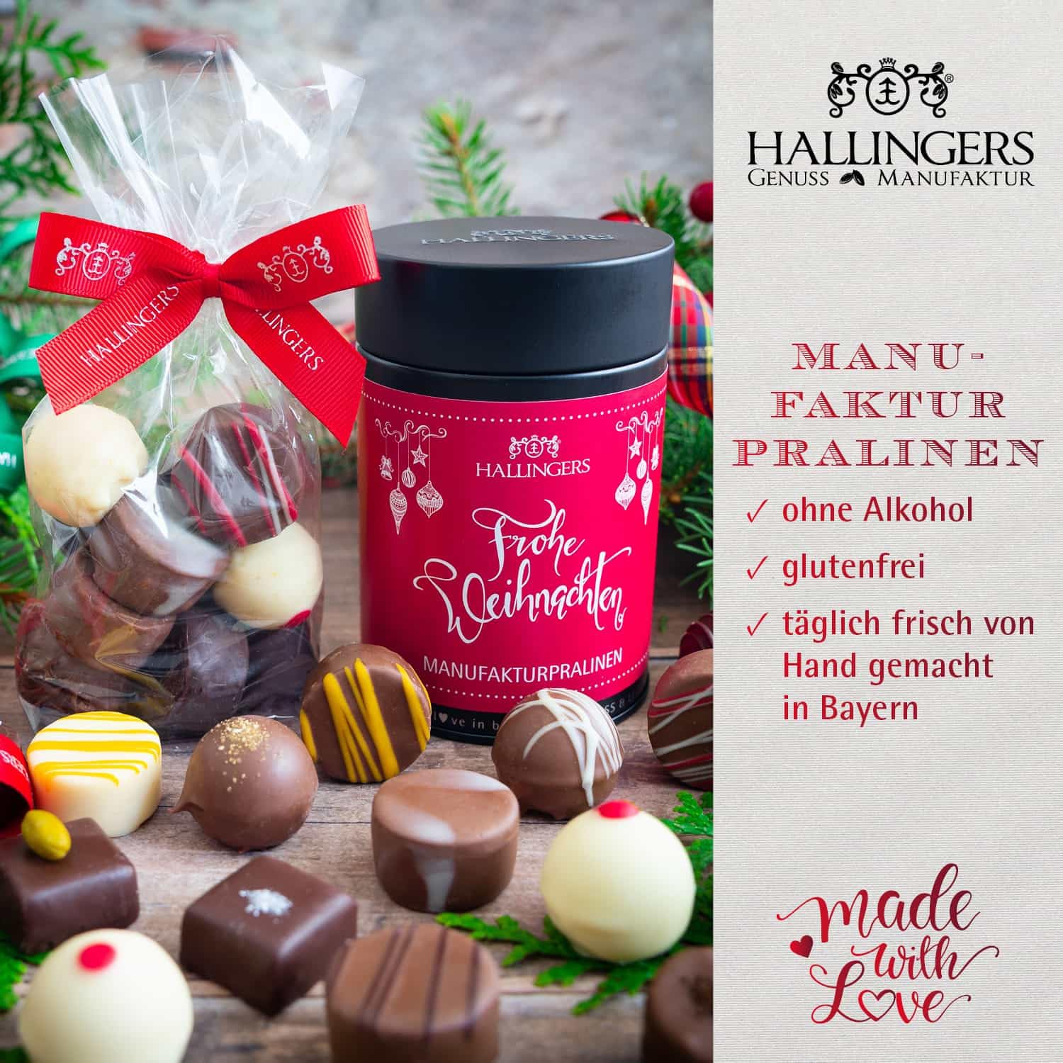 Hallingers Genuss Manufaktur Feinkost Weihnachts-Geschenk-Set - XXL-Geschenkkorb "Süße Weihnachten" großes Mitbringsel Pralinen, Schokolade, Fruchtsaftbärchen, Mandeln & mehr, Weihnachten für Frauen