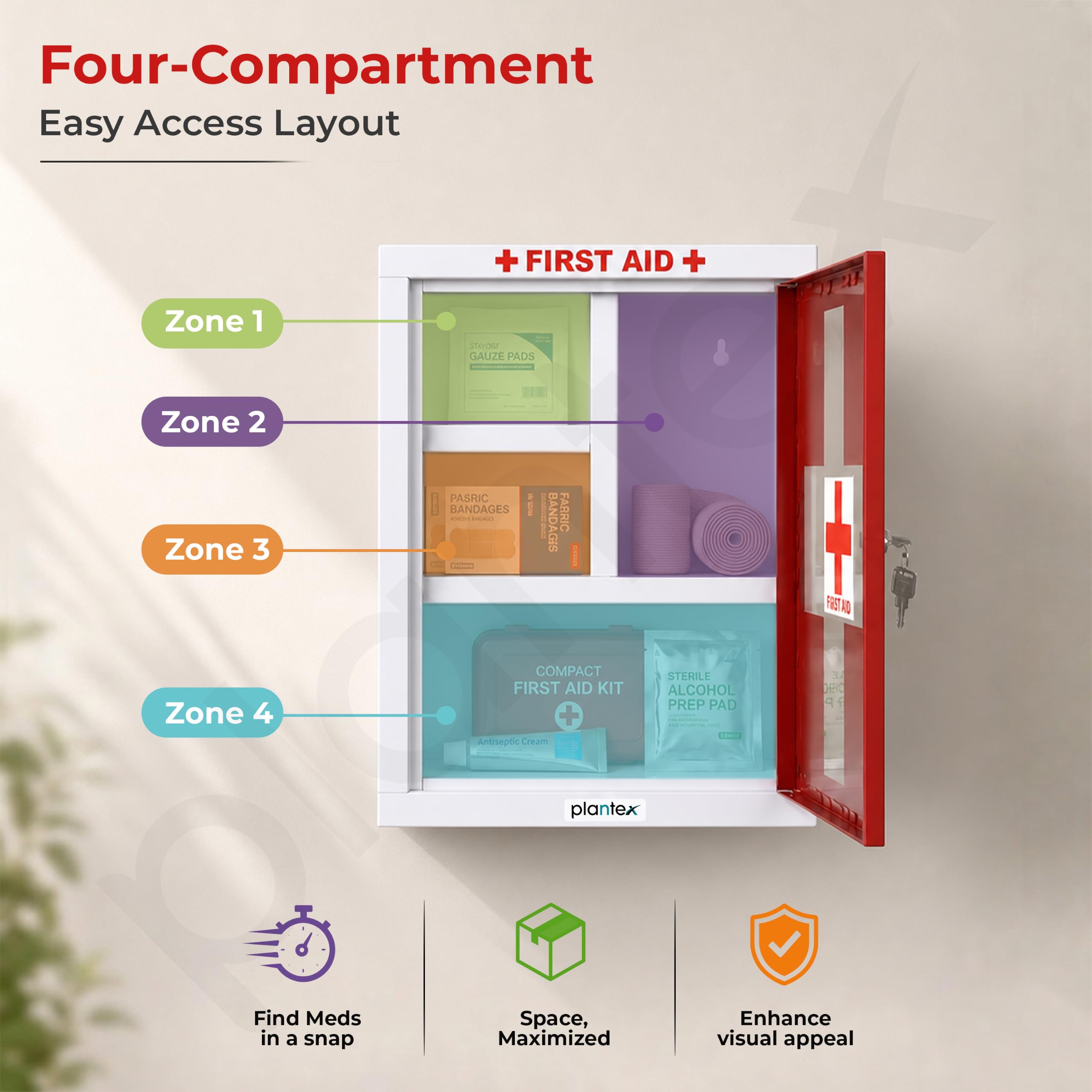 Plantex Metal Emergency First Aid Box for Home/Medical Boxes for Medicine Storage with Multi Compartments for School, Office - with Lock (Red & White) Big Size, Wall Mount 2