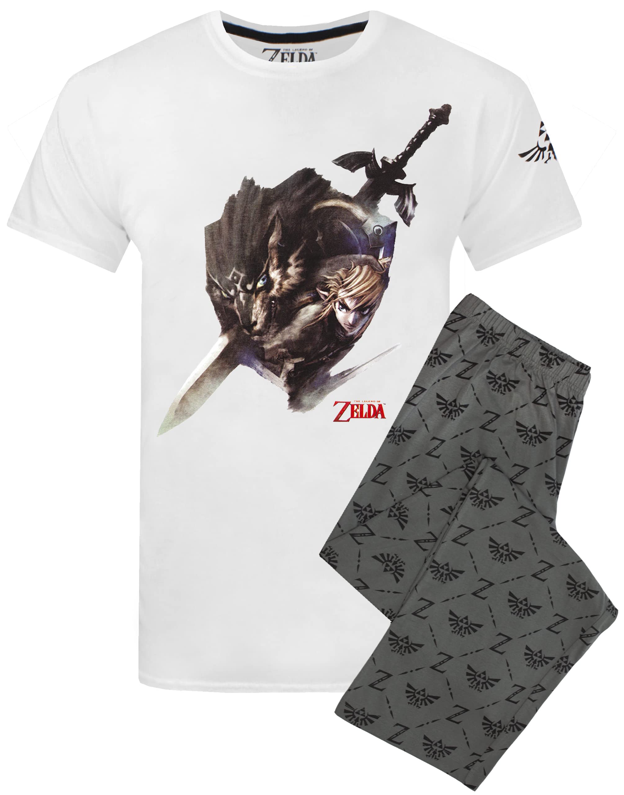 The Legend of ZeldaPyjamas For Men | Adults Nintendo White T Shirt & Charcoal Lounge Pants Set | Wolf Link Gaming PJS Merchandise