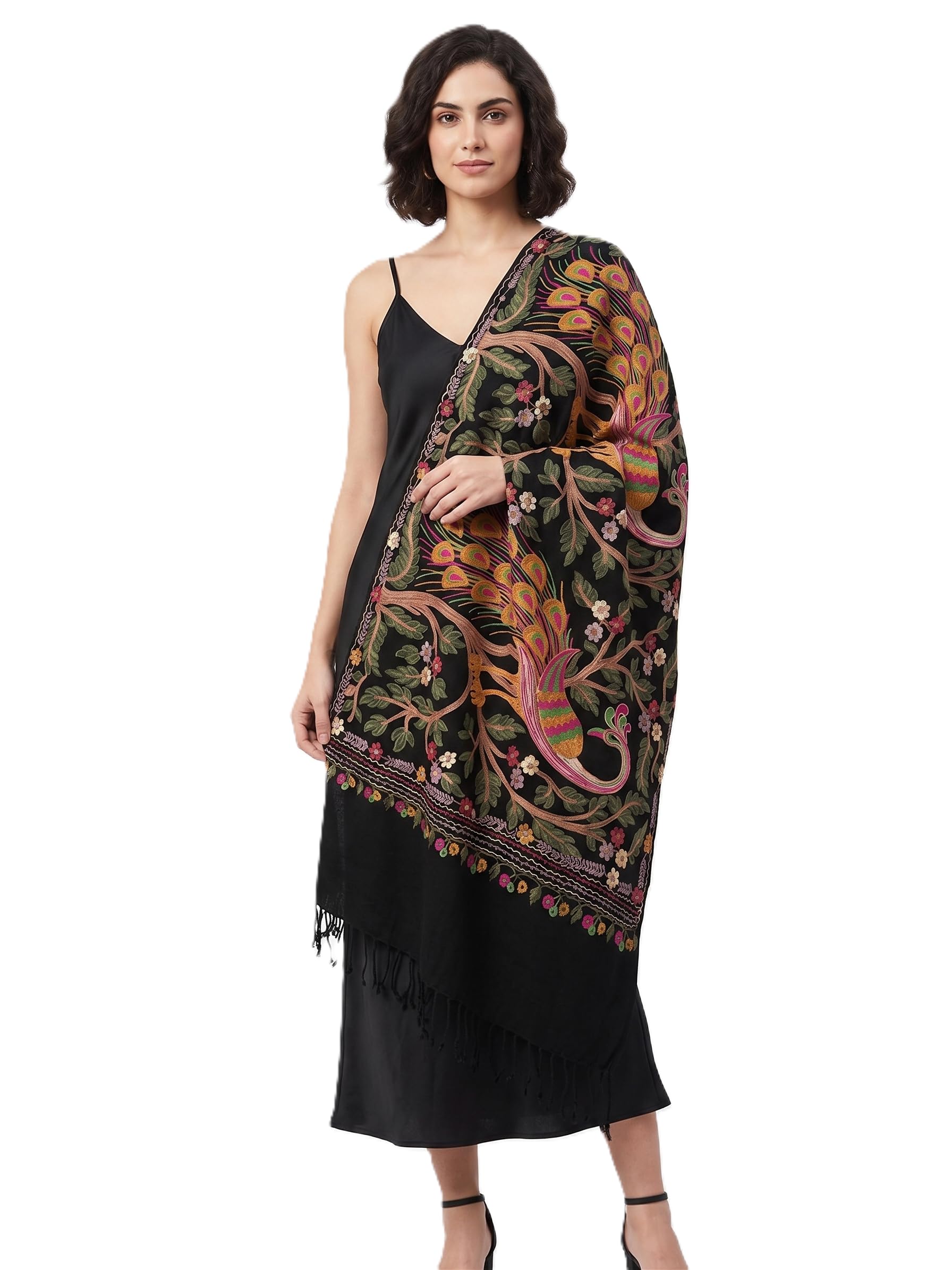 Black Shawl with Vibrant Peacock and Floral Embroidery, Multicolour, with Tassel Fringe-image-48