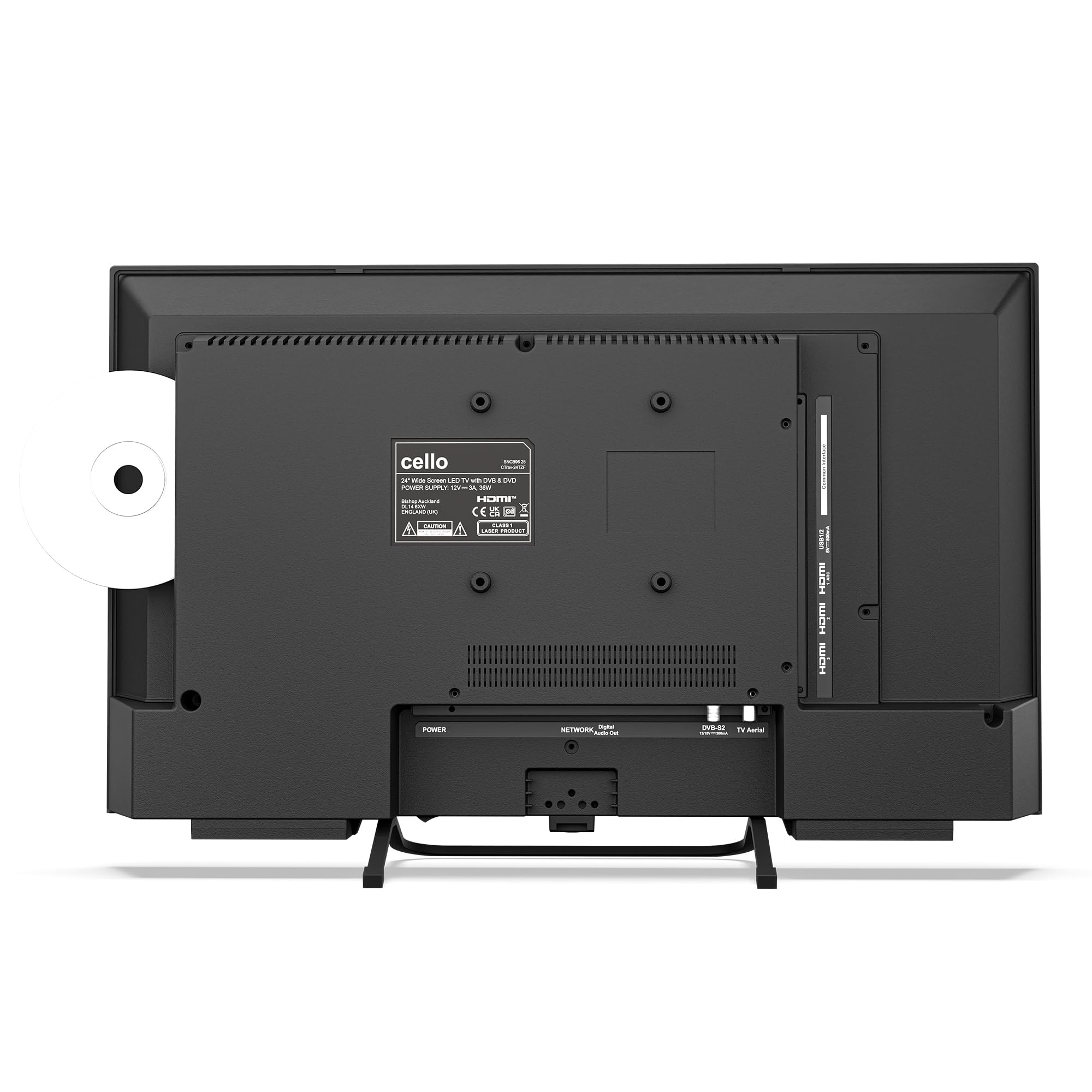 Cello CTRAV-24TZF Smart TV LED 24" 12V con lettore DVD per camper e campeggio, Tizen OS di Samsung, Gaming Hub, altoparlanti Pitch Perfect, Bluetooth, triplo sintonizzatore