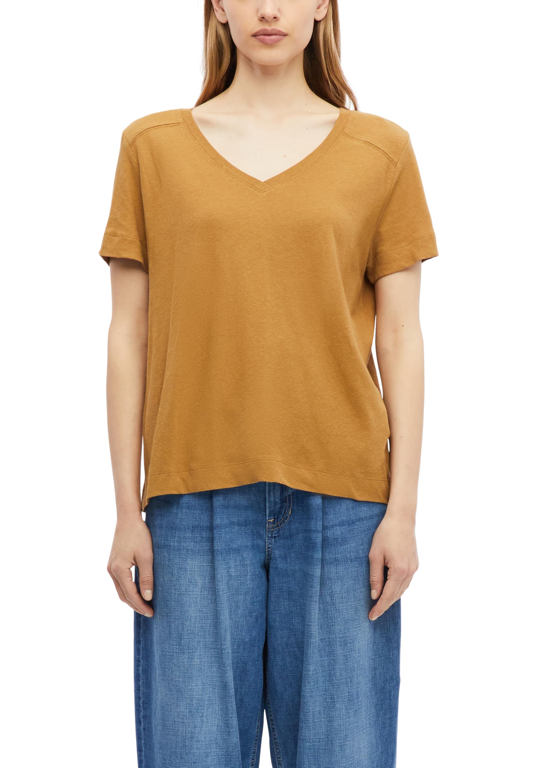 s.Oliver Women's 2178635 V-Neck Linen Mix T-Shirt (Pack of 1), Brown, 20