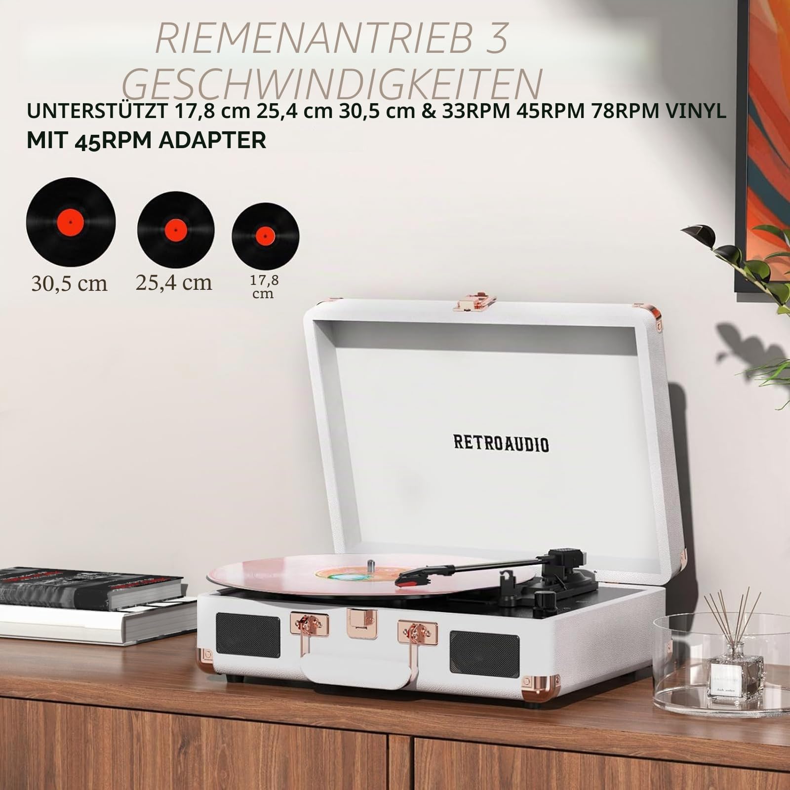 Vinyl-Plattenspieler mit eingebauten Lautsprechern, 3-Gang-Vintage-Plattenspieler, Bluetooth, tragbar, Koffer, riemengetriebener Plattenspieler, kompatibel mit RCA-Ausgang und Ausgang von