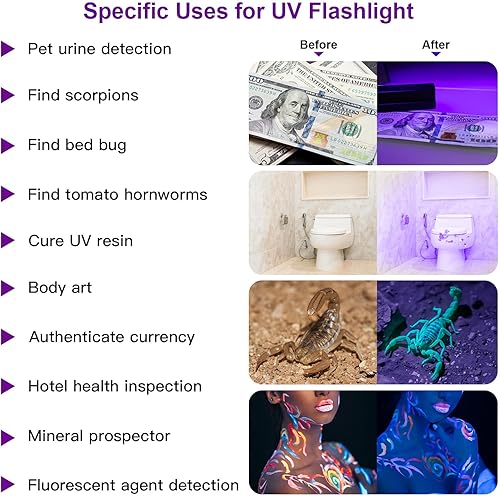 Miniatura 2 de COSOOS Linterna de luz negra recargable por USB, linterna UV de 395 nm con 3 modos, mini linterna con zoom de bolsillo con asa, detector portátil