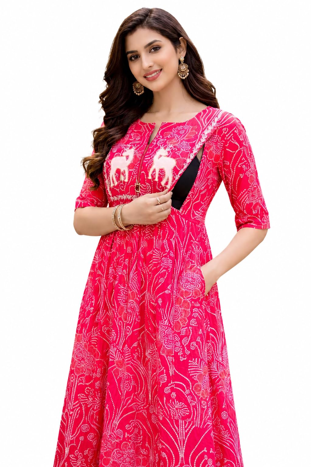 Women's Feeding Maxi Dress Printed with Side Zipper Red-image-11