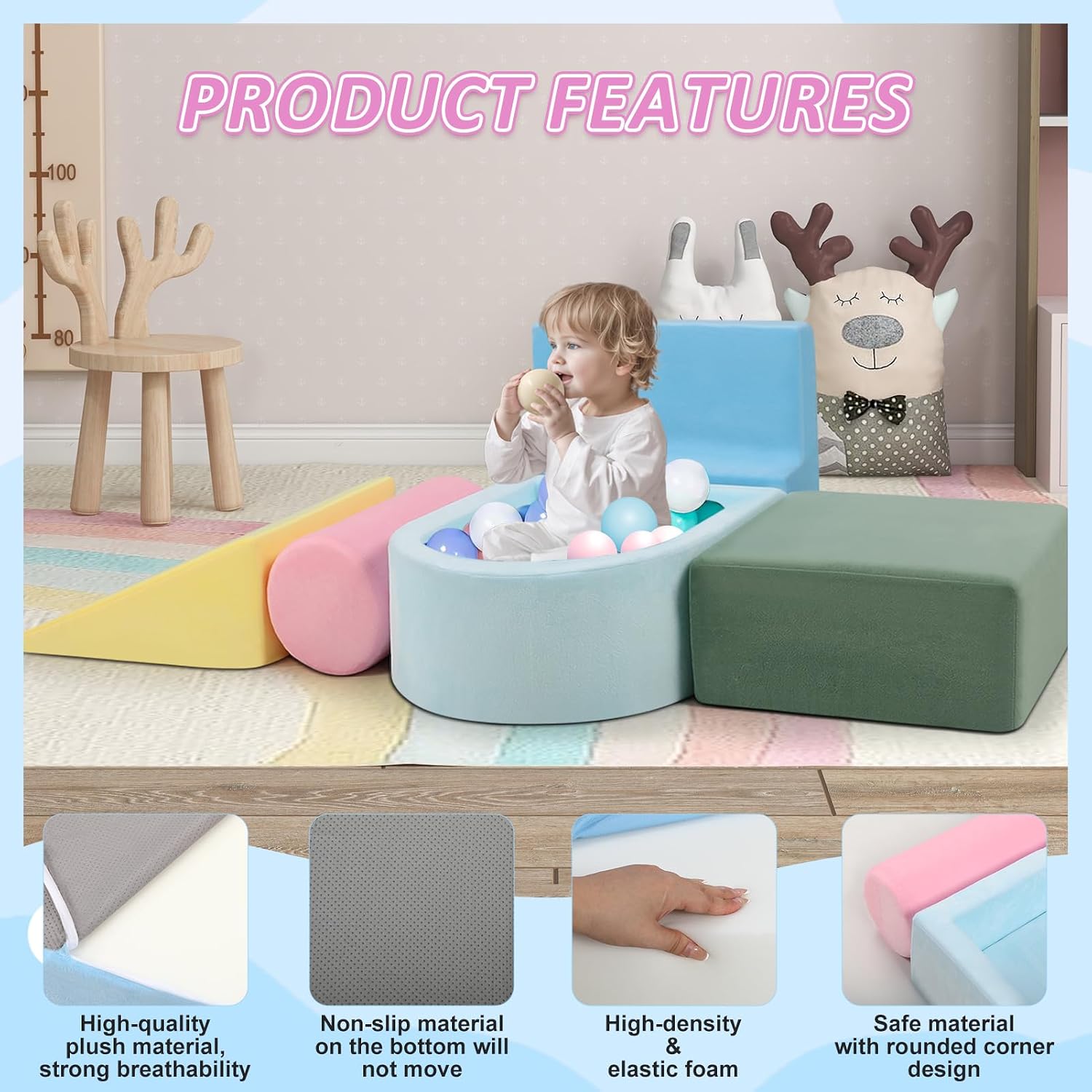 5-Piece Set Baby Climbing Toys For Toddlers 1-3, Foam Climbing Blocks With Ball Pit For Baby, Soft Toddlers Climbing Toy Indoor, Soft Foam Blocks Activity Play Set For Climbing Crawling And Sliding