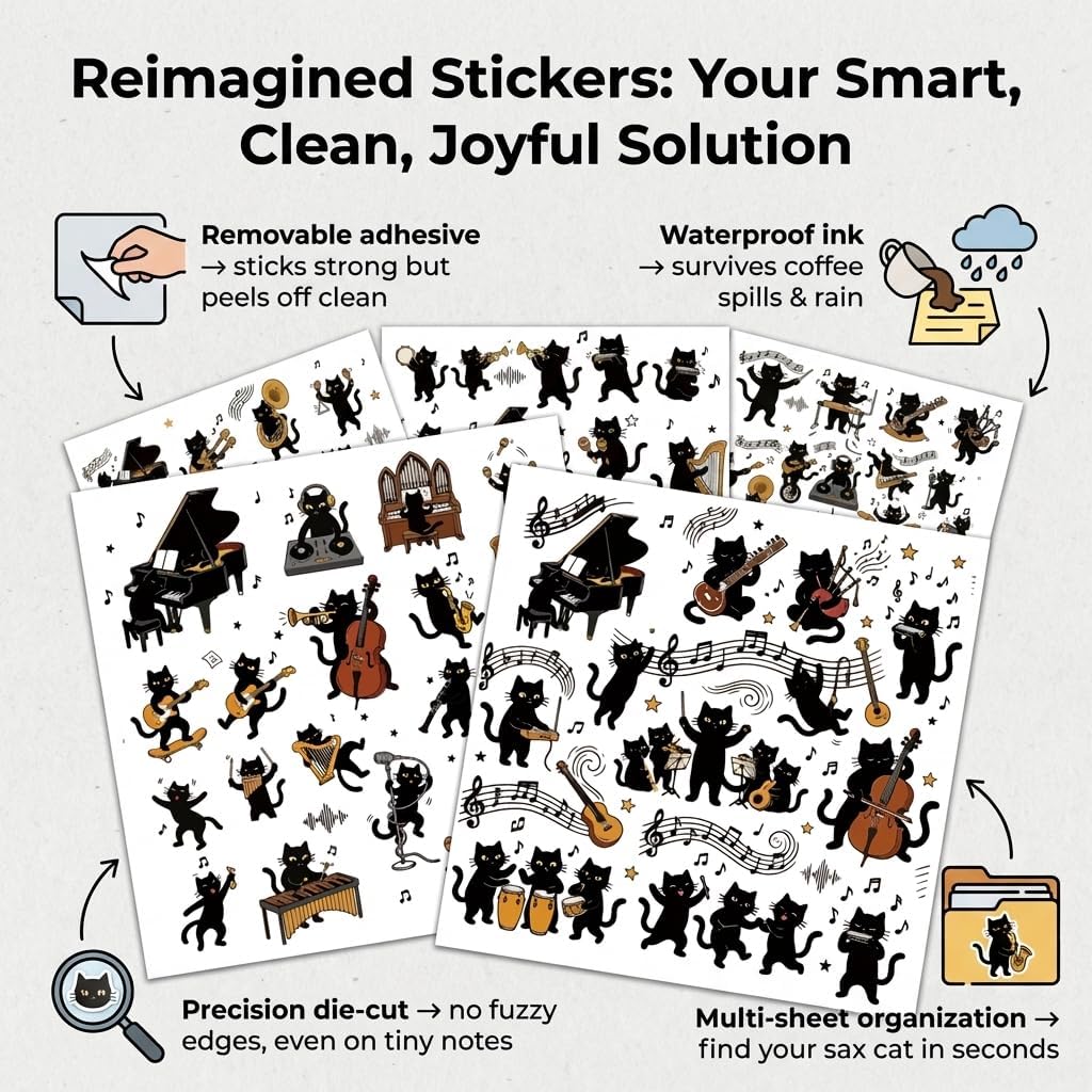 Cat Piano Stickers Black Cat Stickers Music Kitten Decals image 2