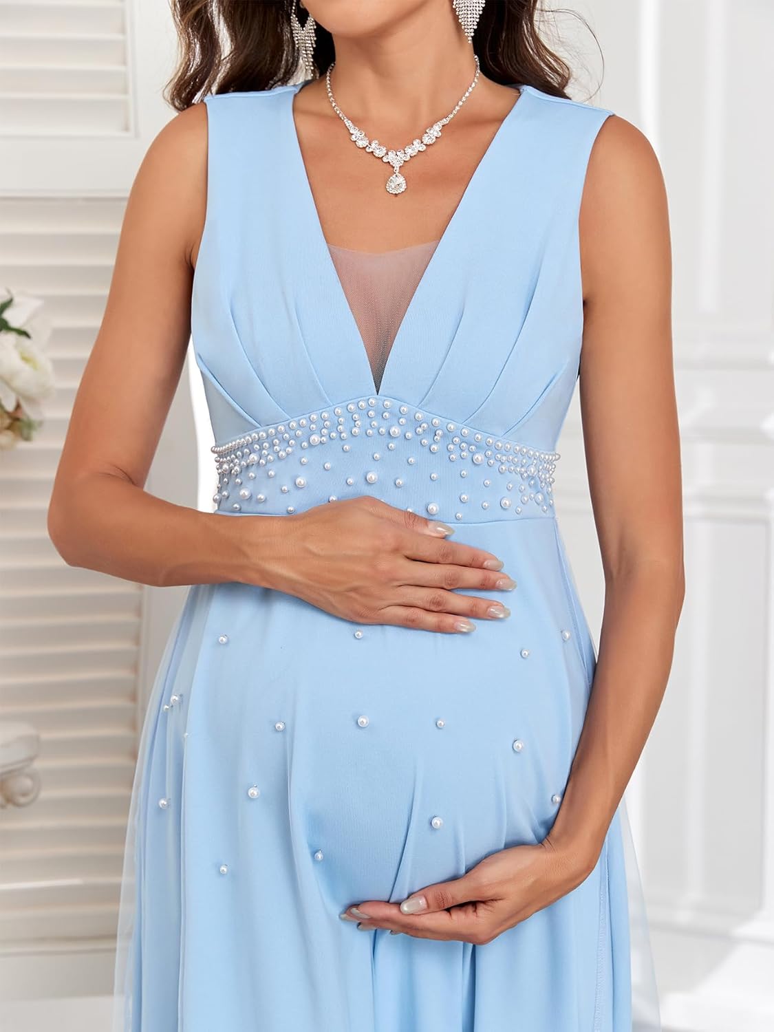 Maternity Mesh Dress V Neck Sleeveless A Line Maxi Pregnancy Formal Dresses with Pearl Beading Baby Shower Photoshoot