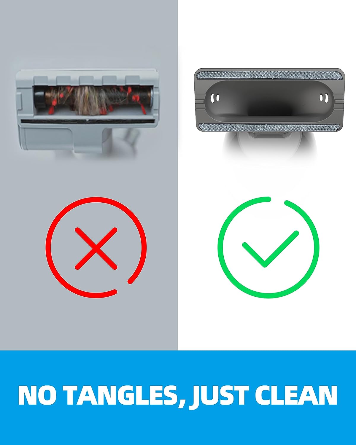 Comparison image showing a traditional brush roller with tangled hair (marked with an X) versus the Brigii anti-tangle tool (marked with a checkmark) with no tangles.