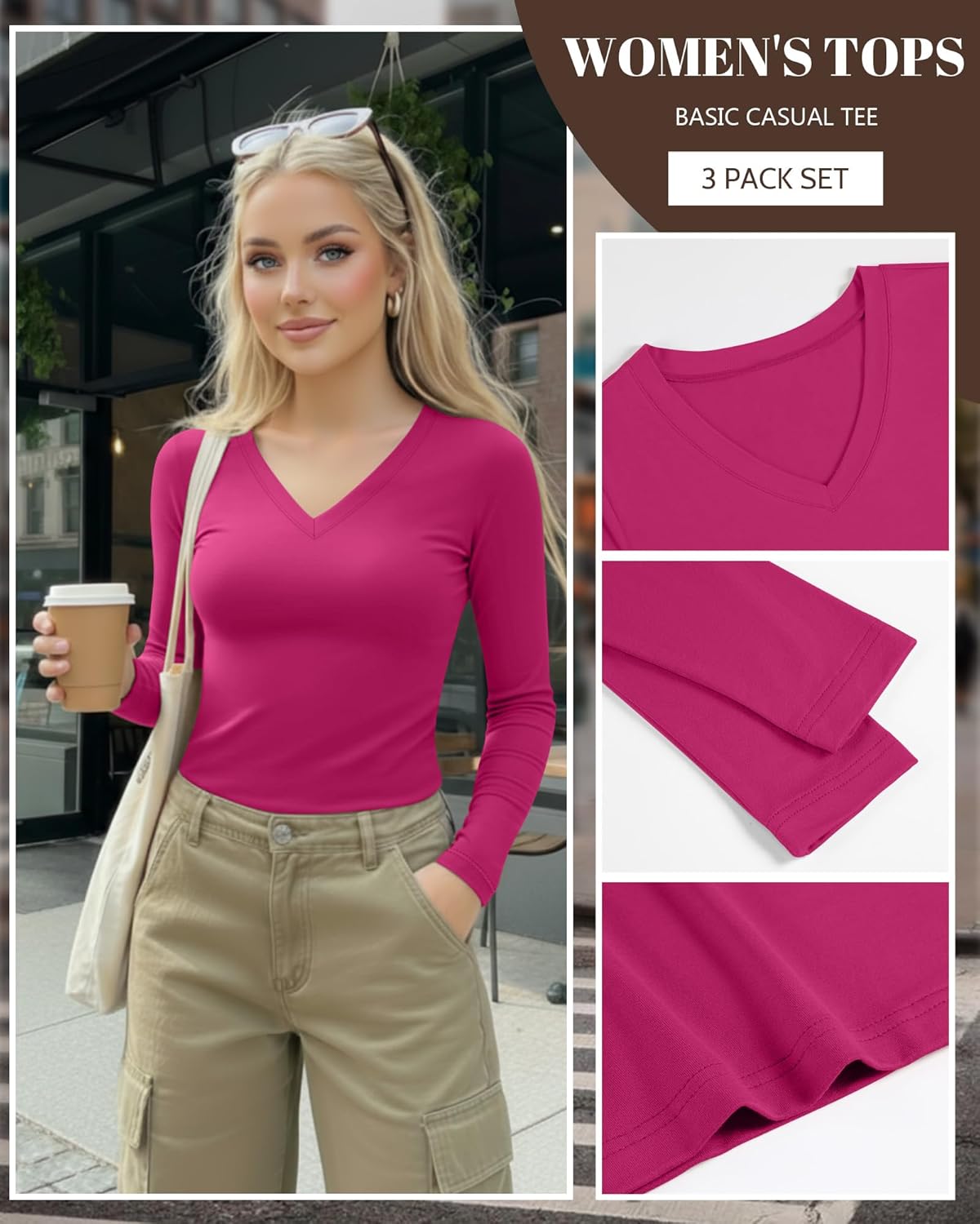 Ficerd 3 Pack Women's Long Sleeve Shirts, V Neck Basic Tees Slim Fitted Casual Fall Tops Going Out Blouses T Shirts - Image 5