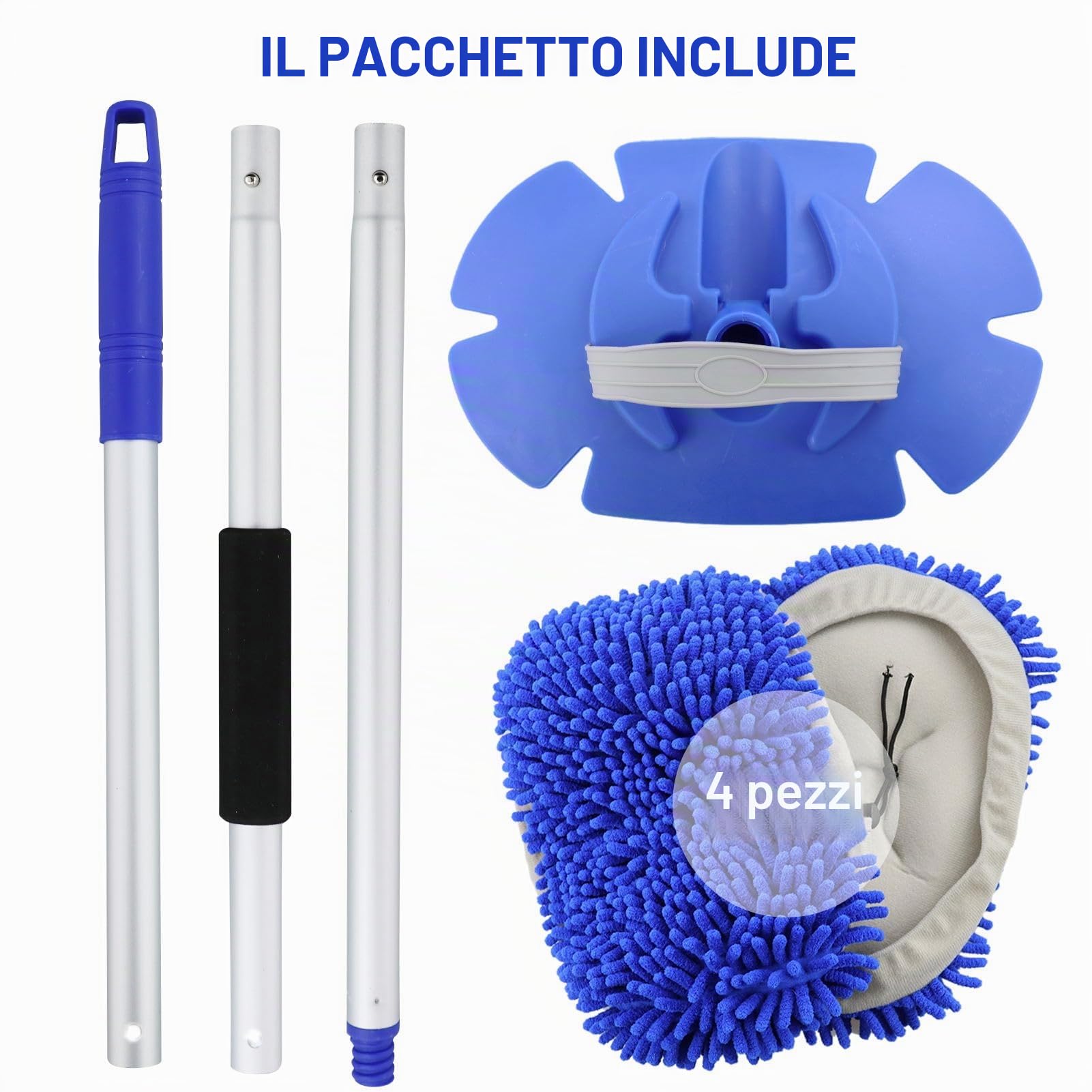 160 cm Spazzola di Pulizia per Lavaggio Auto con Manico Lungo,2 in 1 Spazzola Lavaggio Auto in Microfibra,per Campeggio, Auto, Sostituzione mop(3 Teste Ricambio)
