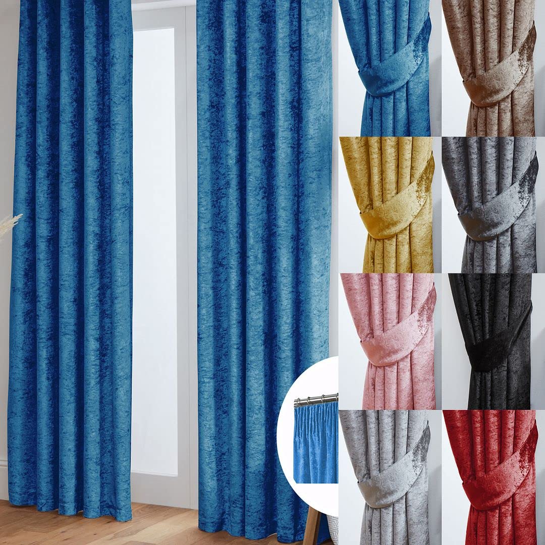 John Aird Blue Crushed Velvet Fully Lined Pencil Pleat Curtains (, 66" Wide X 54" Drop)