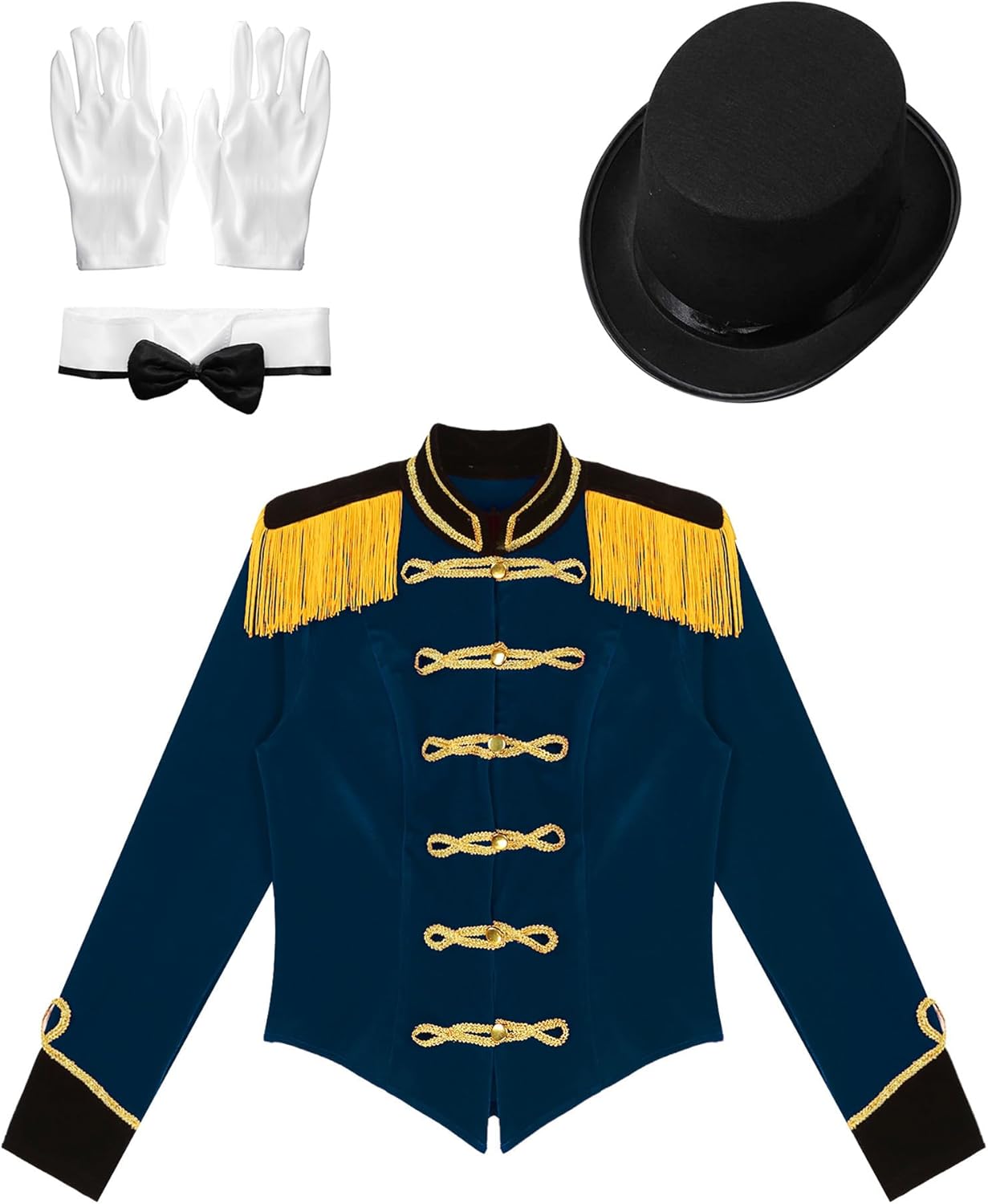 JEYPINMI Women's Red Circus Ringmaster Costume Tassel Jacket Lion Trainer Cosplay Costume with Hats Dark Blue_Suit Small