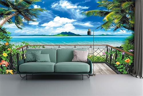 FLFK Murales de pared 3D para despegar y pegar, océano, playa, balcón, papel tapiz autoadhesivo para póster grande, adhesivo de pared para
