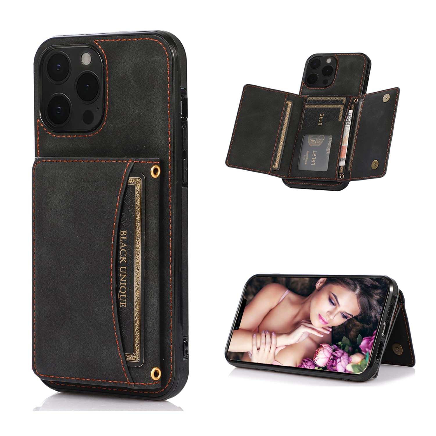 FLYEEWallet Case Compatible for iPhone 14 pro with Card Holder,Easily Store 6 Cards Without Bulge,Premuim Leather,RFID Blocking,Kickstand,Raised Coner Protections for Screen Camera(Balck,6.1inch)