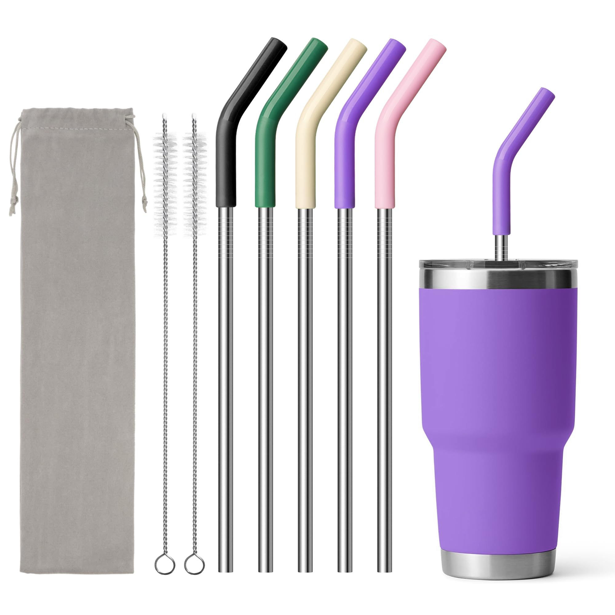 Stainless Steel Straw for 30 oz YETI Tumbler, Metal Straws Reusable with Silicone Tip for Simple Modern 24 oz and 32oz Glass Tumbler, Cleaning Brush, 1 Portable Bag