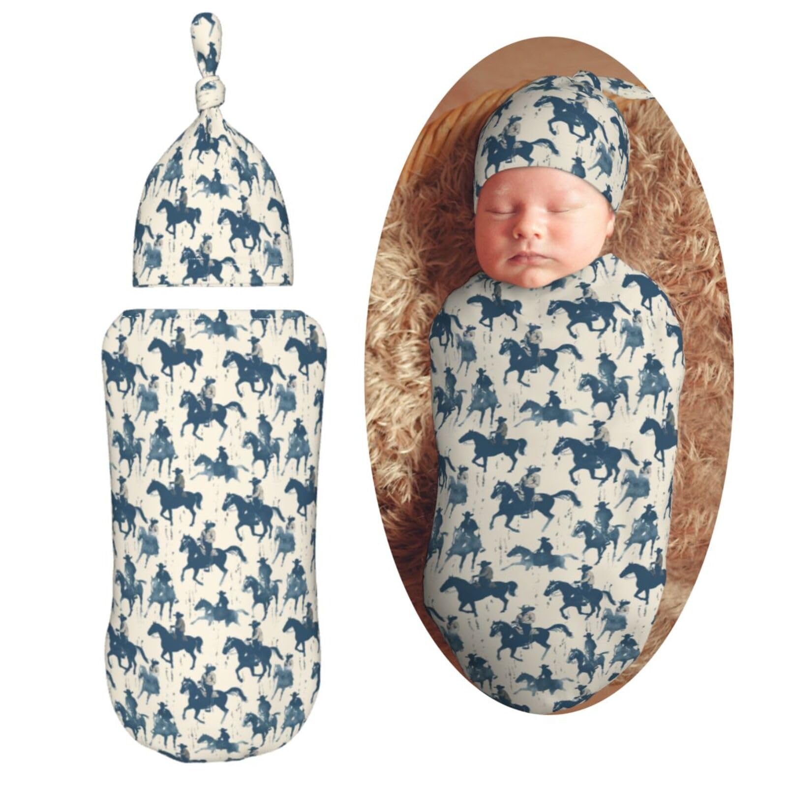 Watercolor Cowboys Cool Newborn Swaddle Blankets Hat Sets Soft Baby Receiving Blanket Swaddle Sack for Baby Shower Infant Boy Girl Gift