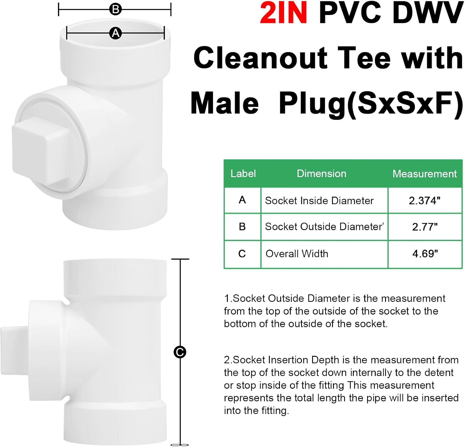 3Pack 2IN PVC DWV Cleanout Tee with Plug Pipe Fitting (Socket x Socket x FPT) SCH40 2IN DWV PVC Sewer Cleanout Tee with NPT Female Cap Cover for pipe, Drain, Waste, Vent
