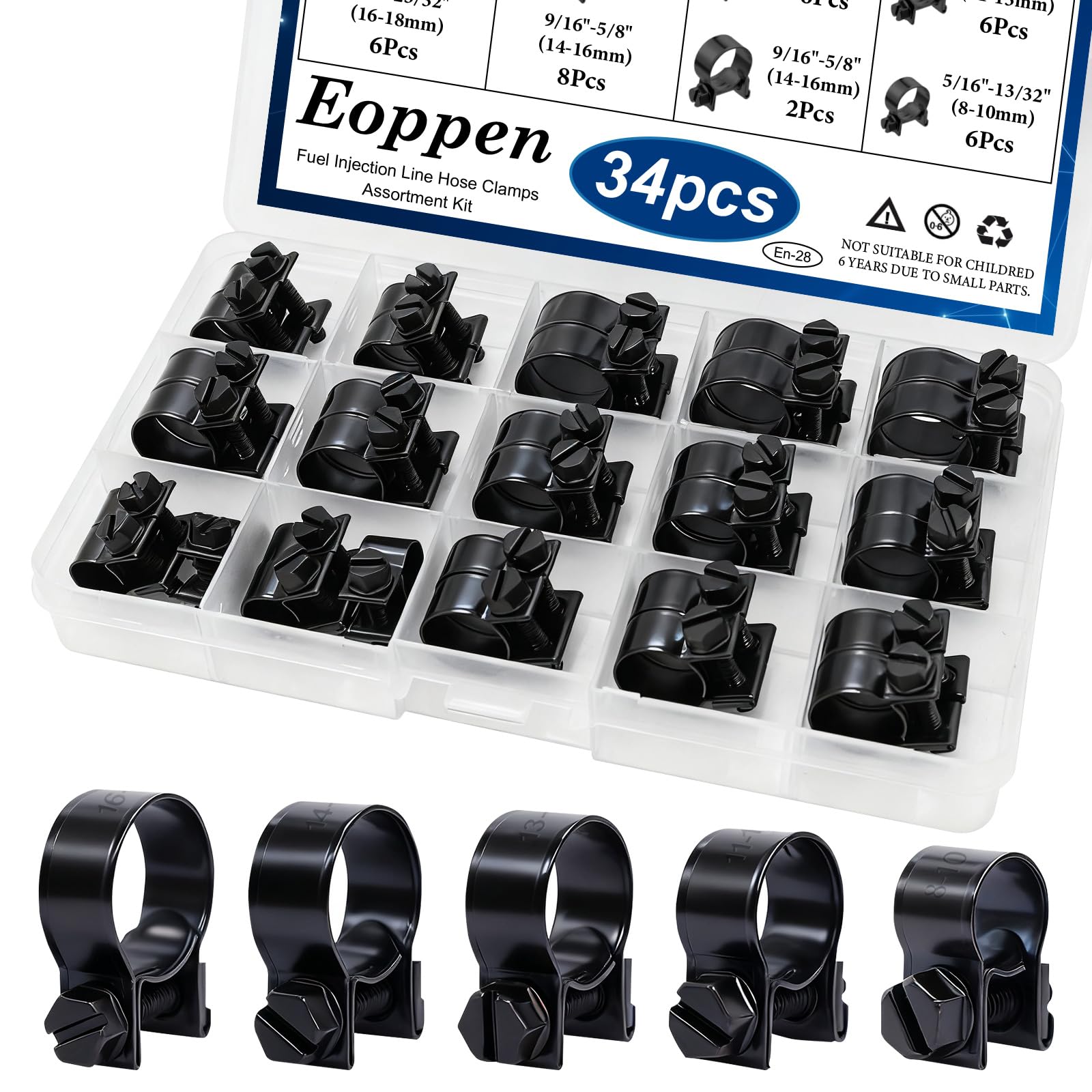34Pcs 5 Sizes 8-18mm Fuel Line Clamp Assortment Kit, 1/4Inch 5/16Inch 3/8Inch Black Fuel Injection Gas Line Hose Clamps for Diesel Petrol Pipe