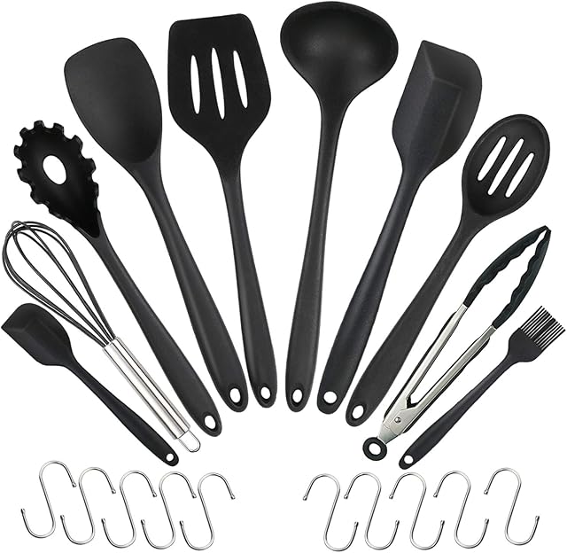 20 pcs Silicone Kitchen Utensils, WisFox Cooking Tool Set Heat Resistant Silicone Kitchenware, Non-Stick Kitchen Baking Tools 10 Sets + 10 S Hooks - Black