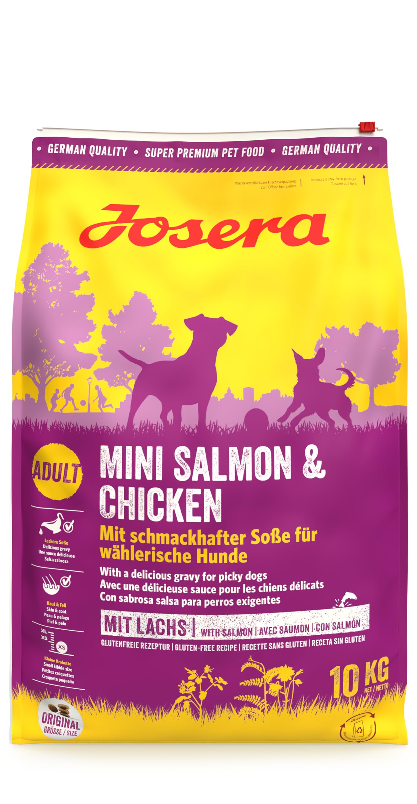 JOSERA Mini Salmon & Chicken (1 x 10 kg) | Adult Mini | Premium Trockenfutter für ausgewachsene Hunde Kleiner Rassen | kleine Kroketten | mit leckerem Soßenpulver auch nass zu verfüttern | 1er Pack