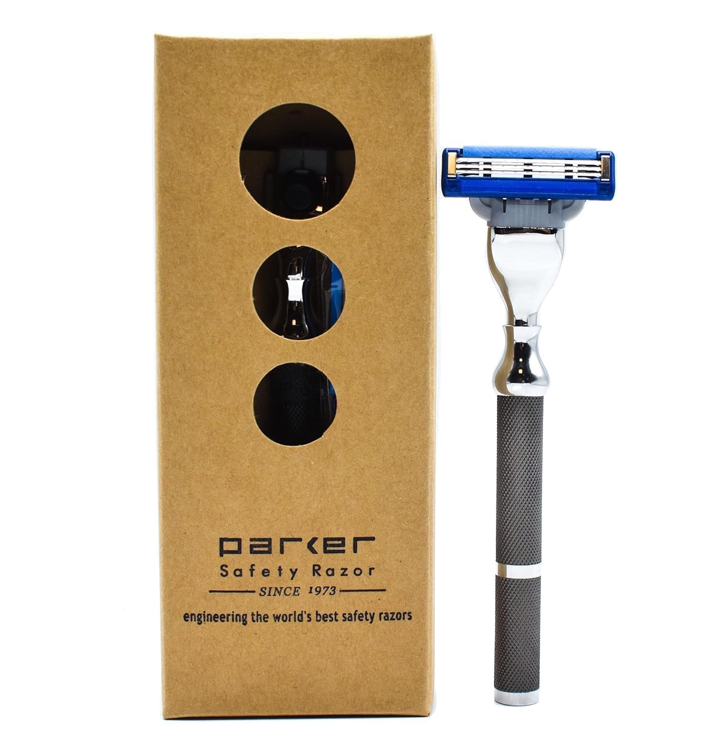 Parker Safety Razor Rasoio in Metallo a Tripla Lama - Compatibile Con Gillette Mach 3, Rasoio a Cartuccia Multilama, Telaio in Ottone Massiccio Con Cromatura - Nero