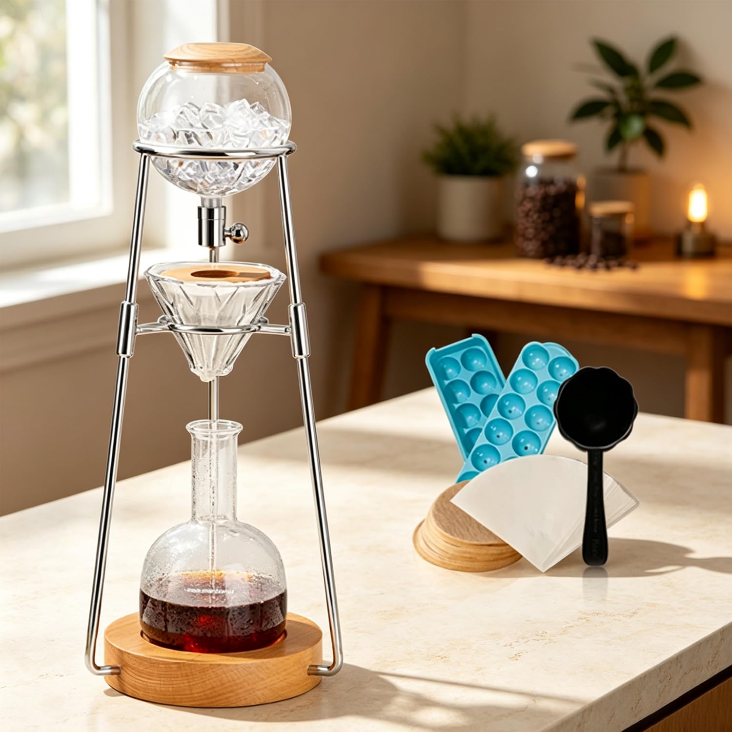 Caffettiera A Goccia per Cold Brew da 500 Ml, con Torre di Erogazione A Goccia, Valvola di Controllo della velocità di Gocciolamento, Rimovibile, per 2-5 Tazze, Ideale per Casa E Ufficio.