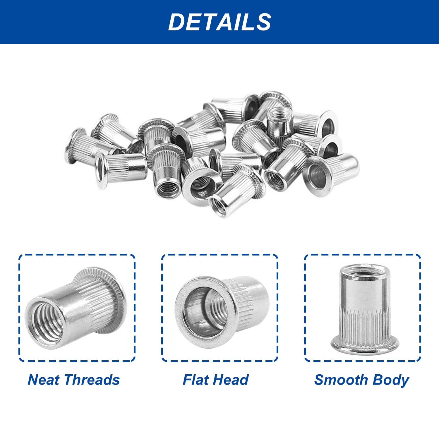 1/4"-20 Rivet Nuts - 40 Pcs Stainless Steel Rivnuts, Flat Head Insert Nut with Knurled Body (M5) 4