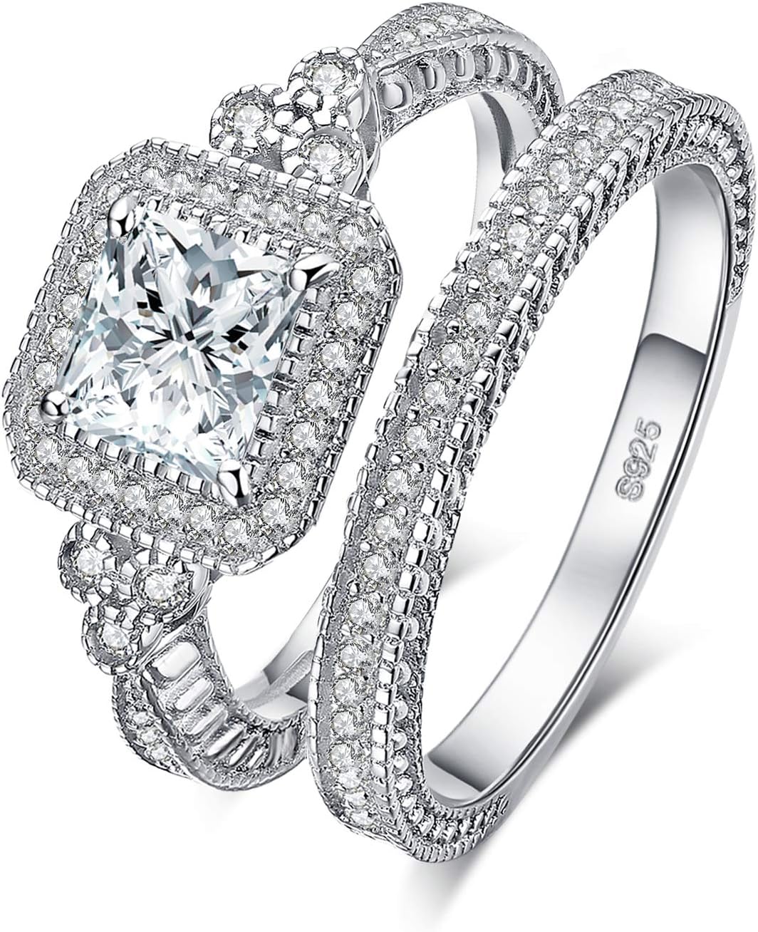 JewelryPalace Wedding Bands Engagement Rings for Women, 14K Gold Plated 925 Sterling Silver Cubic Zirconia Promise Rings, Vintage Thick Anniversary 2ct Princess Cut Halo Simulated Diamond Ring Sets 5