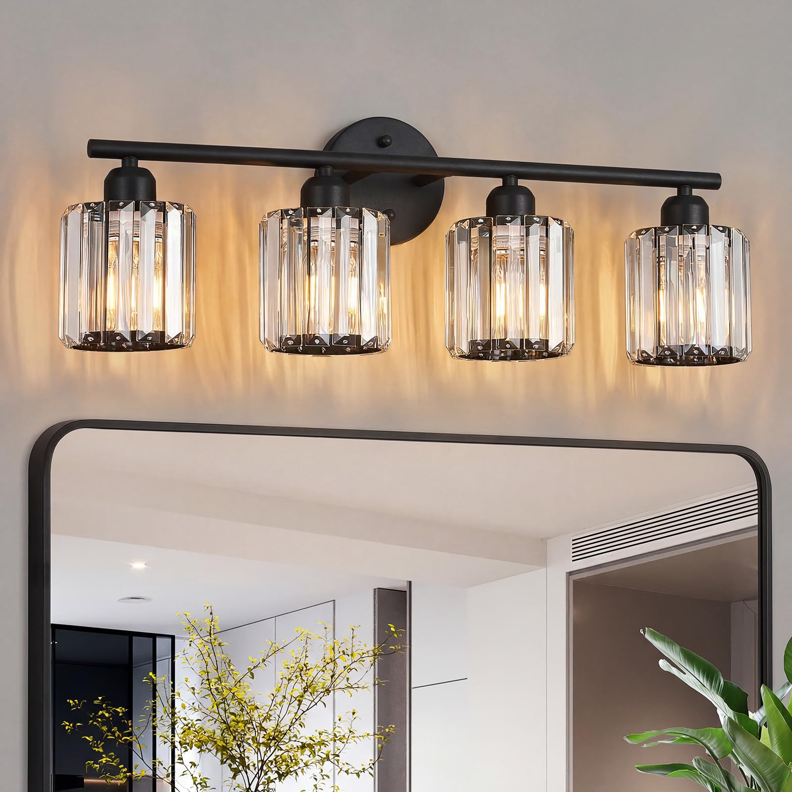 modern 4 light crystal vanity light, black vertical bathroom light fixture over mirror for dressing table sink, compatible with dimmable bulbs (bulbs not included)