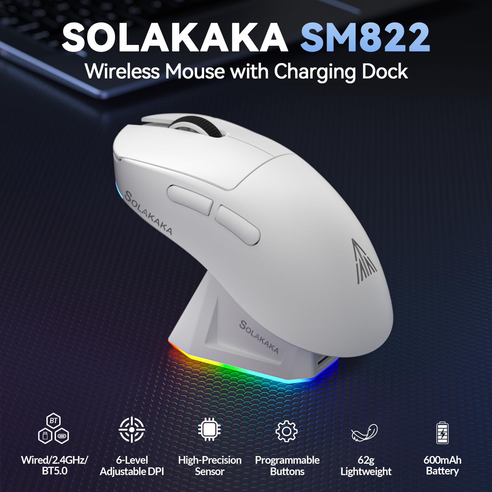SOLAKAKA SM822 - Ratón para juegos para PC, portátil (blanco)