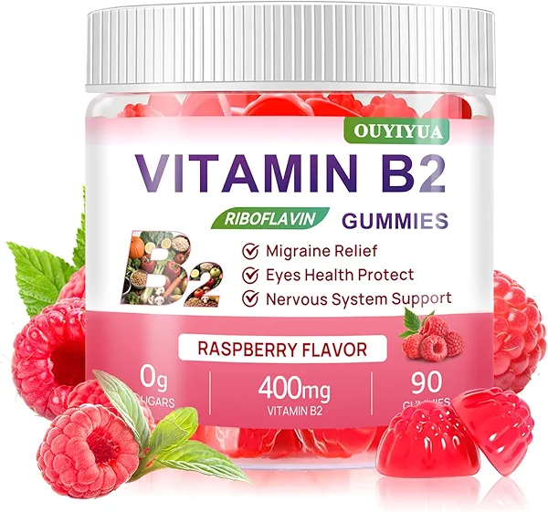 Vitamin B2 Gummies Riboflavin 400mg Supplement with Magnesium for Kids & Adults B2 Gummies for Migraine Relief, Headache Relief & Nervous System Support, Vegan, Sugar-Free, Raspberry Flavor 90 Count