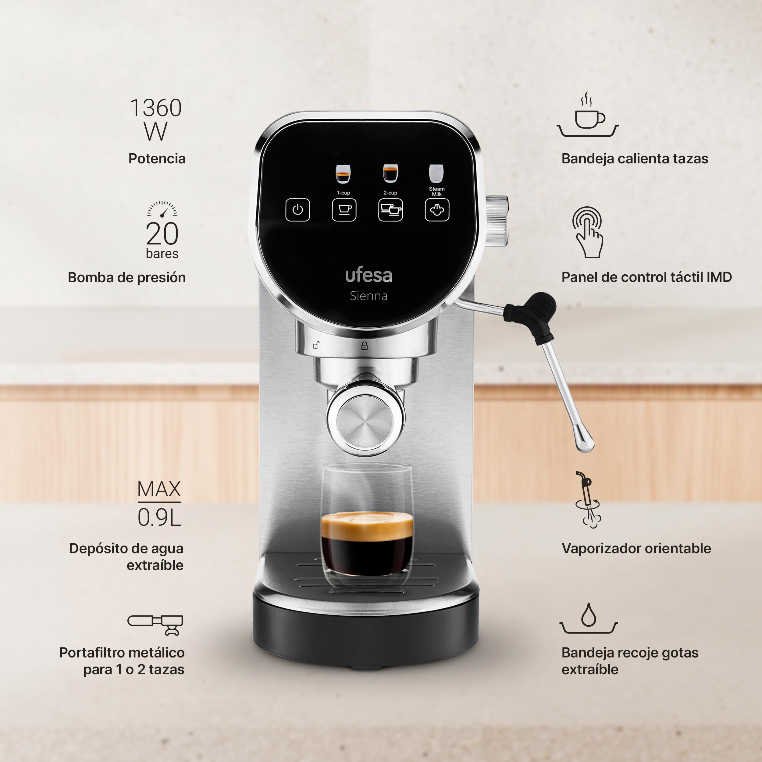 Ufesa Sienna Cafetera Espresso y Capuccino, Presión 20 Bares, Panel Táctil Digital, 1360W, Vaporizador Orientable, 0.9L, 1 o 2 Cafés, Función Calienta Tazas, Sistema Thermoblock, Inox