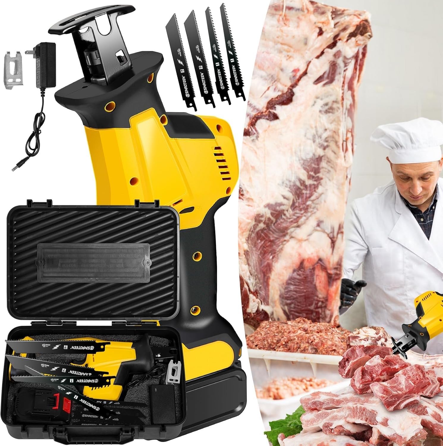 Gfftyx Yellow Brushless Motor Electric Meat And Bone Saw, Meat Saw For Butchering At Home, Handheld Bone Saw For Butchering, Butcher Saw With 1 Toolbox, 1 Battery And 4 Saw Blades