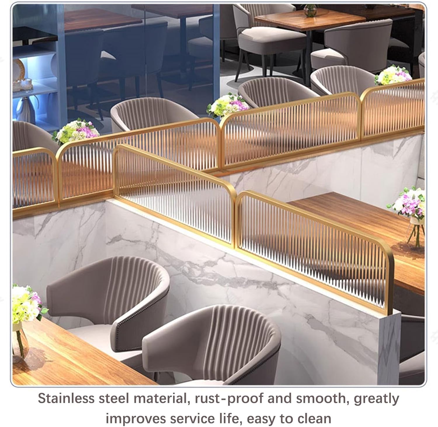 Stainless Steel Room Dividers for Dining Areas, Decorative Semi-Privacy Screen Panel, Low Fence for Office & Restaurant Bar Countertops, Gold Frame (9.84x47.24in)