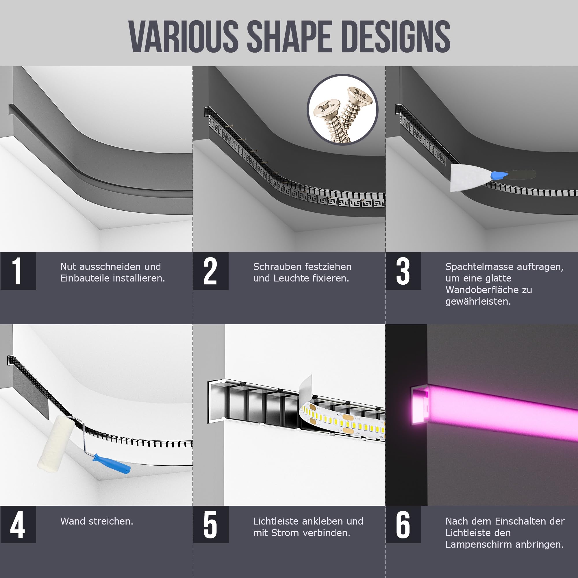 Shine Plus Flexibles LED Trockenbauprofil 2m × 6 Stück– Einbauprofil für gebogene Führungsschiene für LED Streifen, biegsam für gewölbte Deckenkonstruktionen und Wanddekorationen
