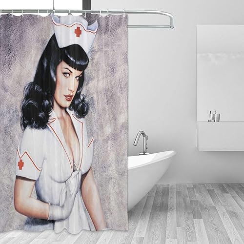 Miniatura 3 de FUNNY KIDS' HOME Cortinas de ducha retro para niña, para baño, pintura al óleo, arte de lienzo, decoración de baño, sexy, enfermera, impermeable,