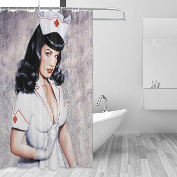 FUNNY KIDS' HOME Vintage Retro Shower Curtain - Nurse Bettie Sexy Pin Up Girl - Body Art Work Canvas Painting Style Waterproof Polyester Fabric 60(w) x72(h) Rings Included