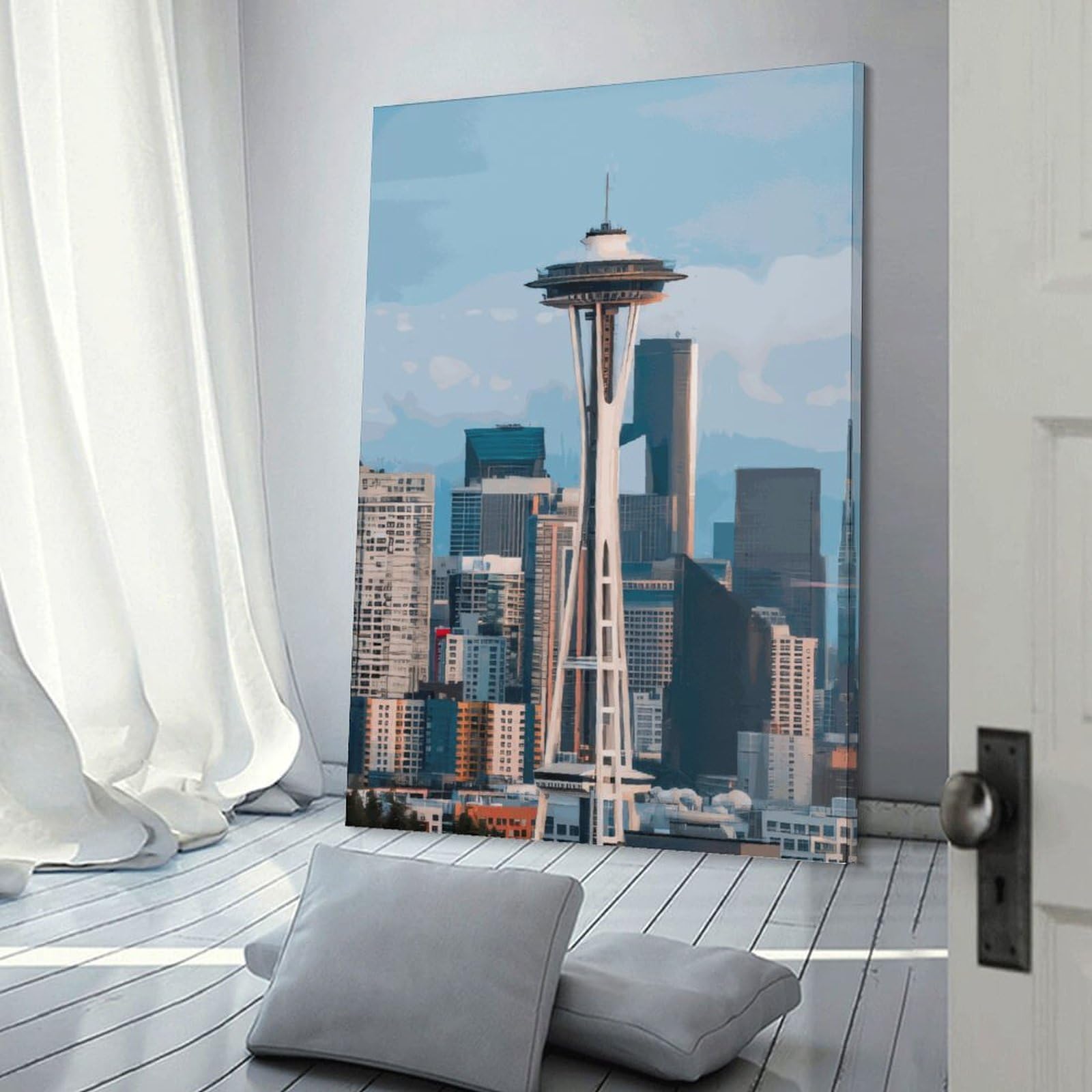 Junmoney Frame-Style-16 Seattle Skyline With Space Needle Hanging Wall Art, 20X30inch(50X75cm), For Entrance Walls, Hall Decor Or Foyers, Wall Decor To Refresh Empty Corners