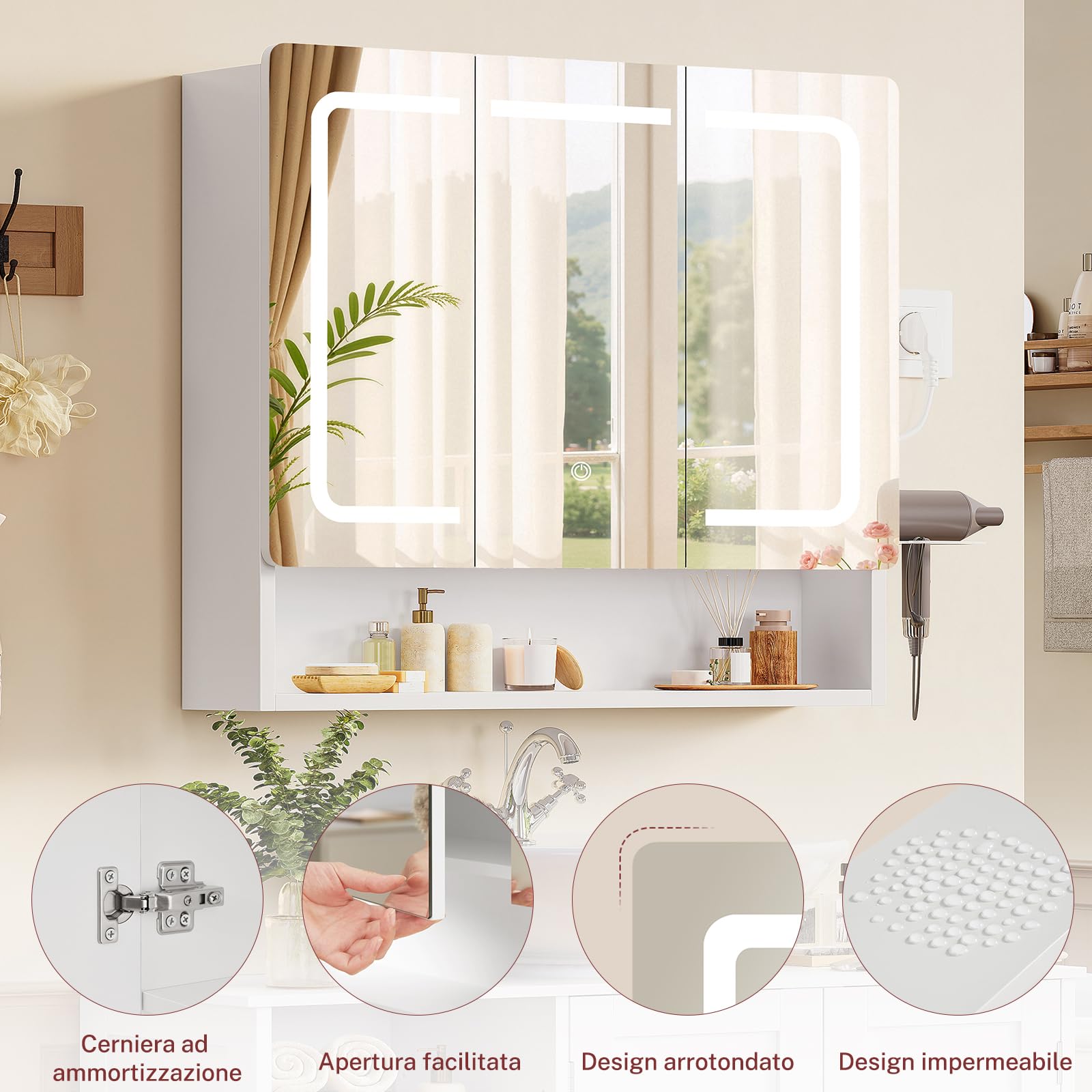 TEENFON Specchio Bagno Contenitore con Luce LED e Presa Elettrica, Mobile Bagno a Specchio con 3 Ante e Gancio Asciugacapelli, 3 Temperature di Luce Dimmerabili a Touch, Ripiani Regolabili, Bianco