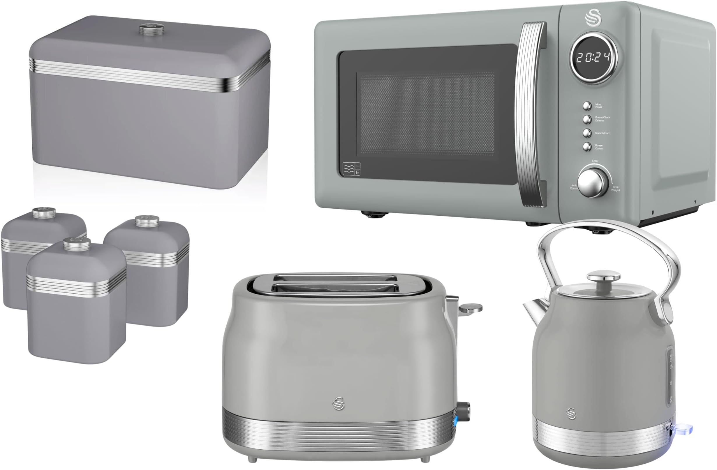 Retro Revive Grey Kitchen Set – Traditonal Stovetop Electric Kettle, 2 Slice Toaster, Digital Microwave, Retro Breadbin & Canisters. Matching Set of 7 - Grey Glossy Finish/Chrome Accents