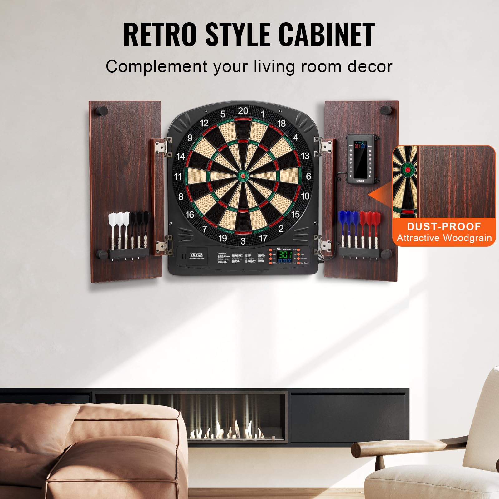 VEVOR Set di Bersaglio e Mobiletto per Freccette, Bersaglio Freccette Elettronico con Punteggio Elettronico, Facile da Montare, Completo di Tutti Accessori