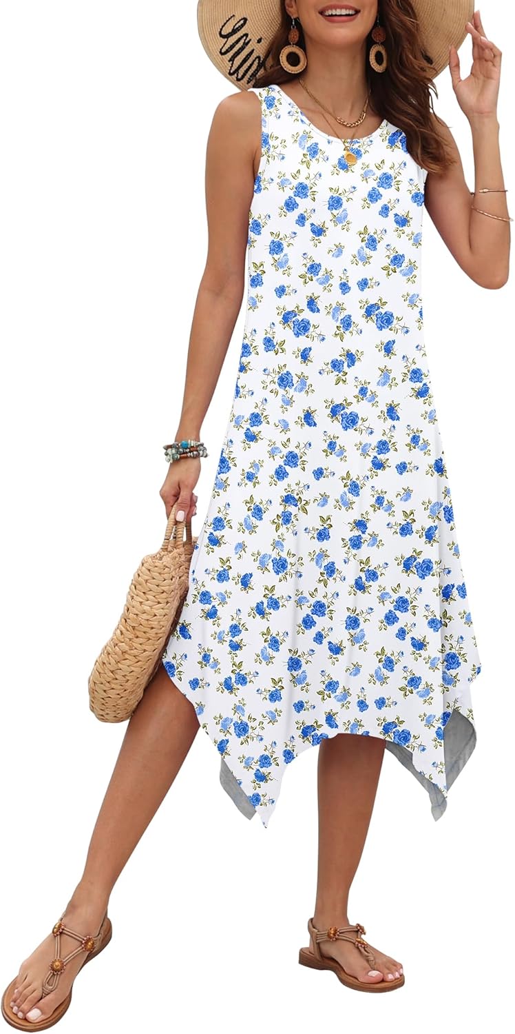 AUSELILY Women's Summer Dresses 2026 Casual Sleeveless Sundress Asymmetrical Hem Midi Tank Beach Dress with Pockets