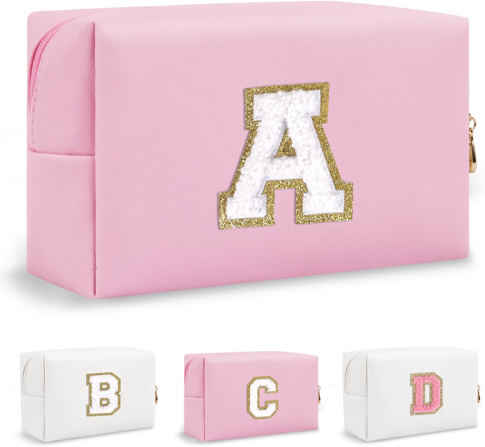 BiileenPersonalized Initial Preppy Patch Makeup Bag, Small Travel Pink Cute Cosmetic Pouch Makeup Organizer Toiletry Zipper Pouch, Monogram Waterproof PU Chenille Letter Storage Bag Gift for Women(Letter A)