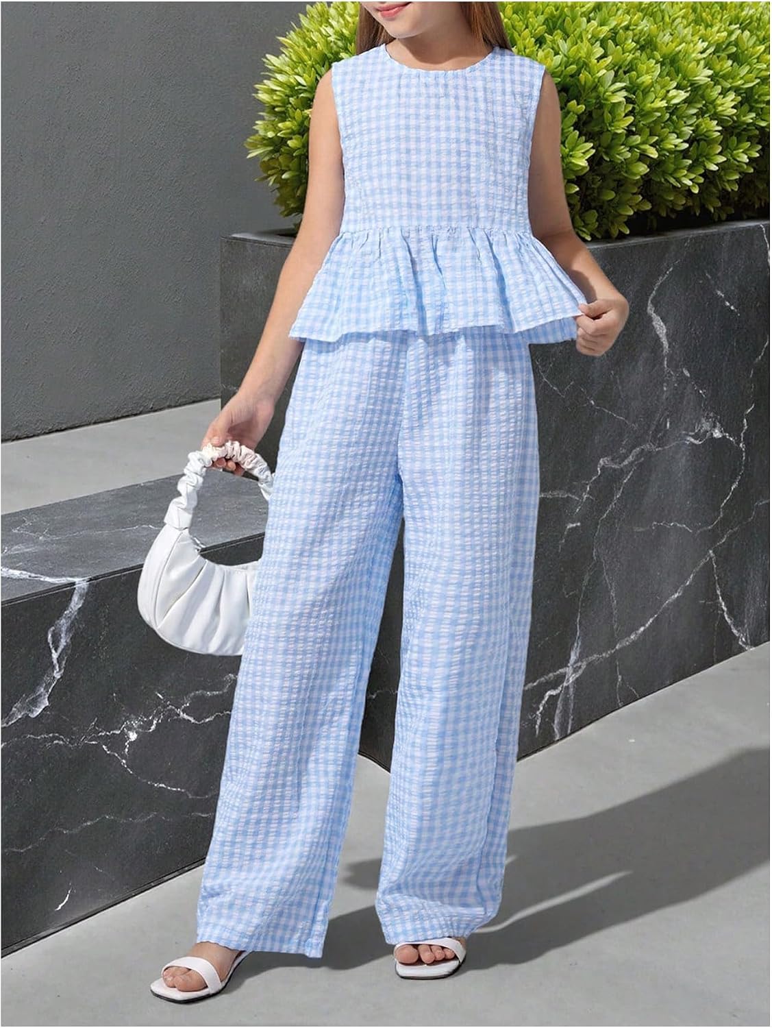 Verdusa Girl's 2 Piece Gingham Plaid Outfits Ruffle Peplum Tank Tops with Wide Leg Pants Summer Sets