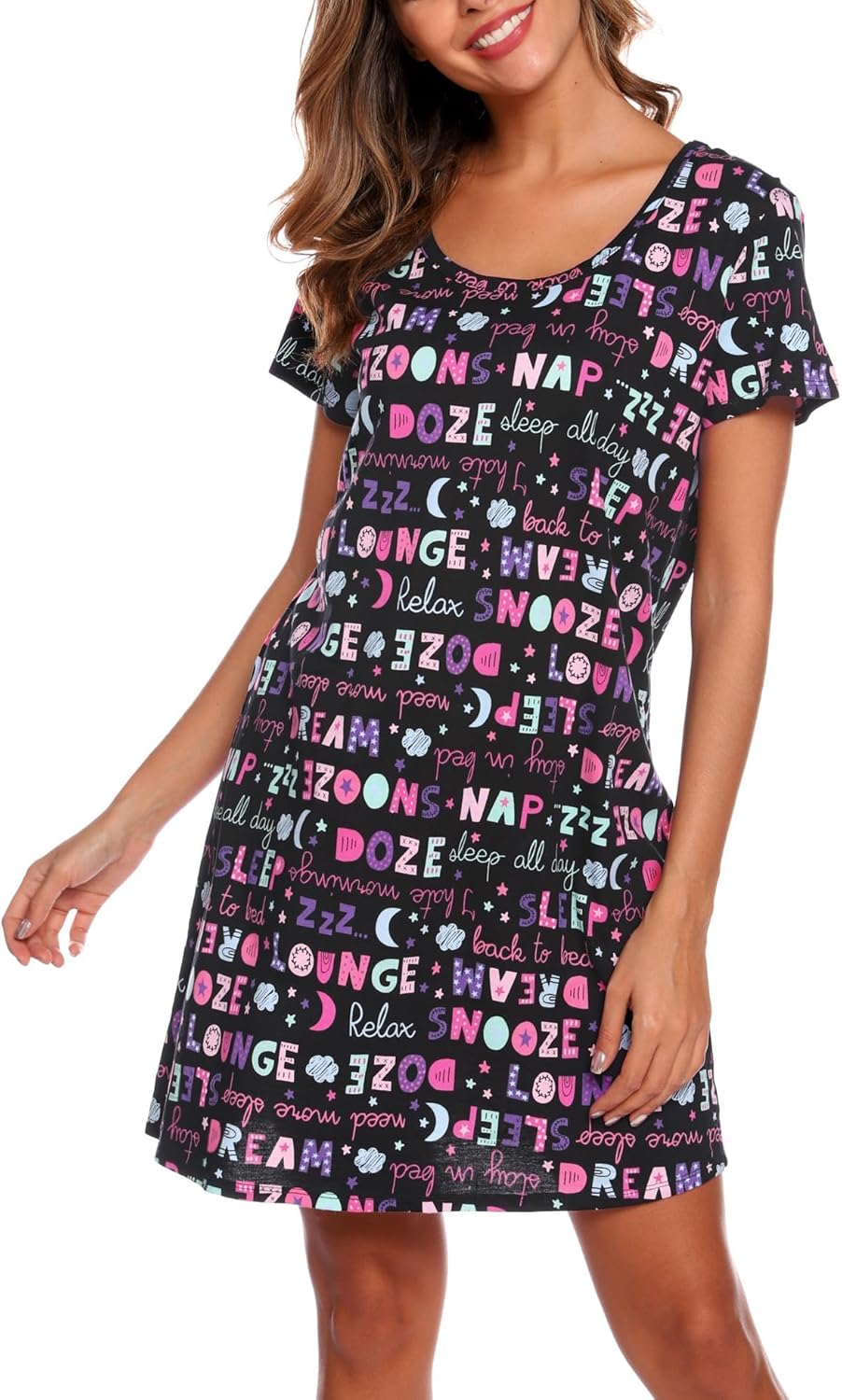 ENJOYNIGHT Womens Nightgowns Cotton Sleepwear Plus Size Sleep Shirt Short Sleeve Nightshirt Print Sleepshirt - Image 2