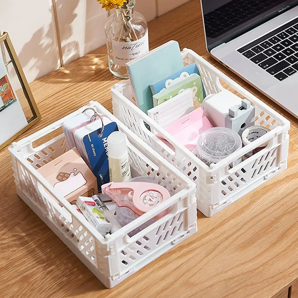 Mini Foldable Storage Baskets - Collapsible Crates for Home Organizing, Space-Saving & Colorful, Ideal for Closet, Pantry & Shelves,White