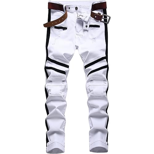 Enrica Men's Straight Slim Fit Ripped Distressed Jeans with Patches Pants