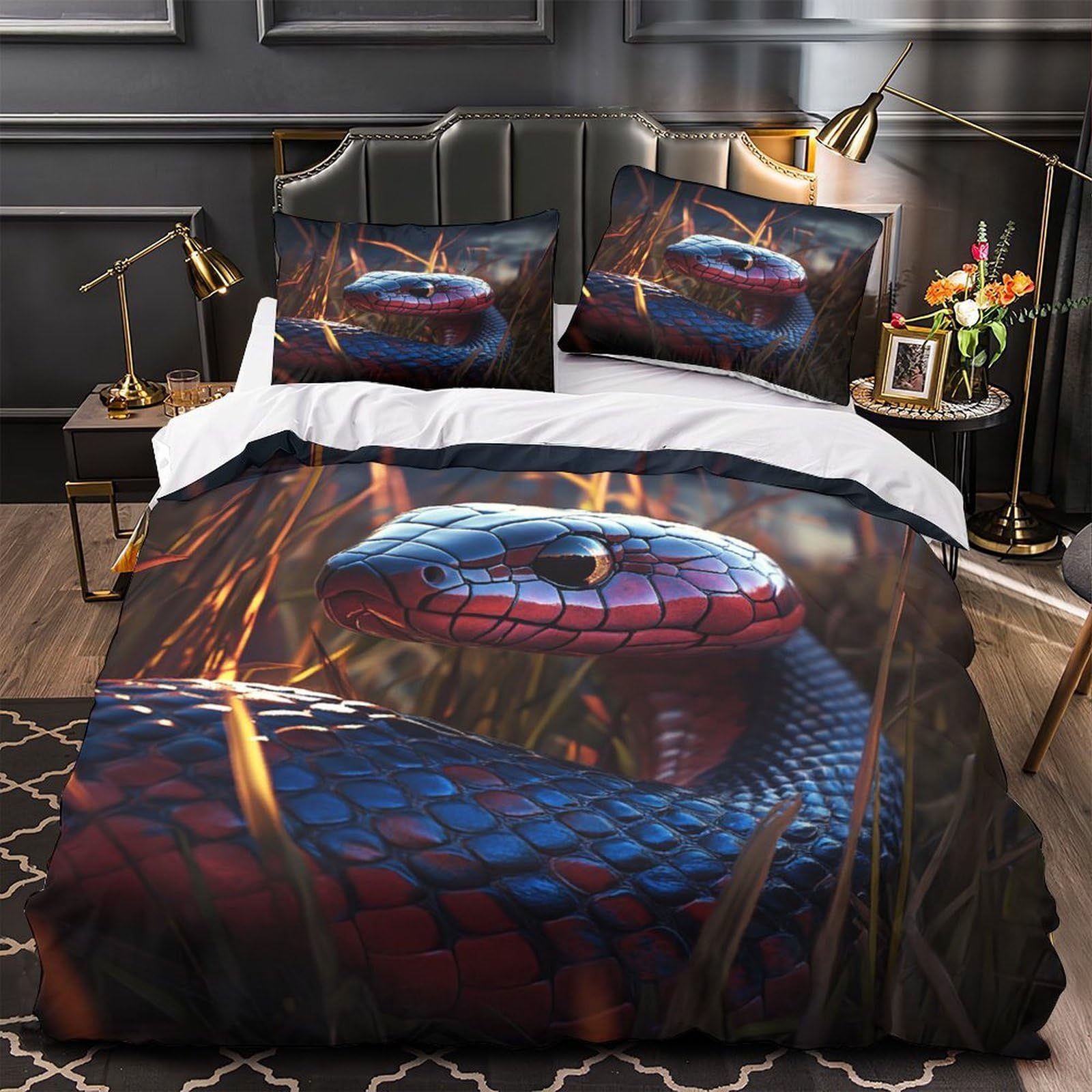 Housse de couette serpent 3D en microfibre 260x220 cm avec 2 taies d'oreiller pour lit Super King